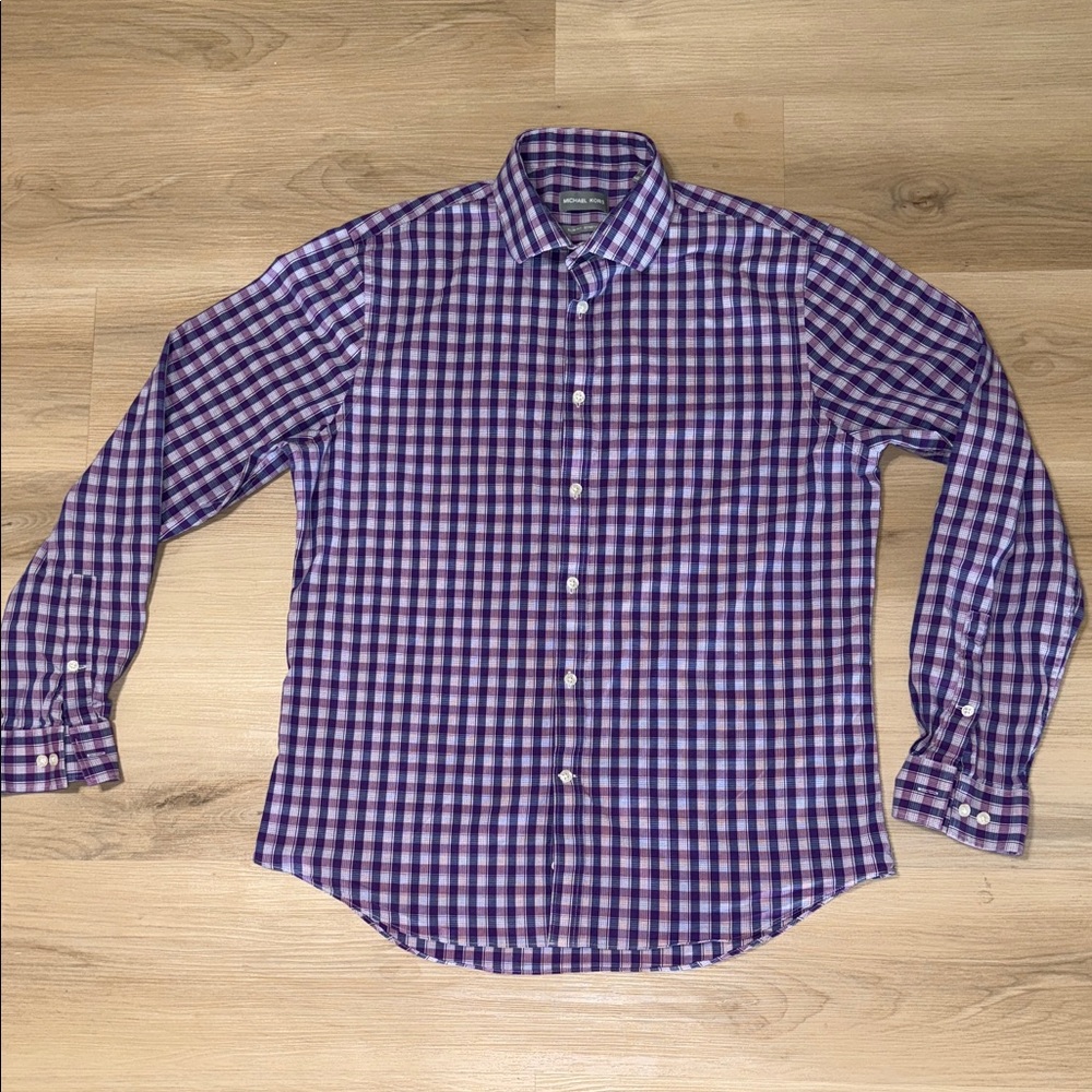 Michael Kors Purple Plaid Dress Shirt Button Up Slim Stretch Large 16 34/35
